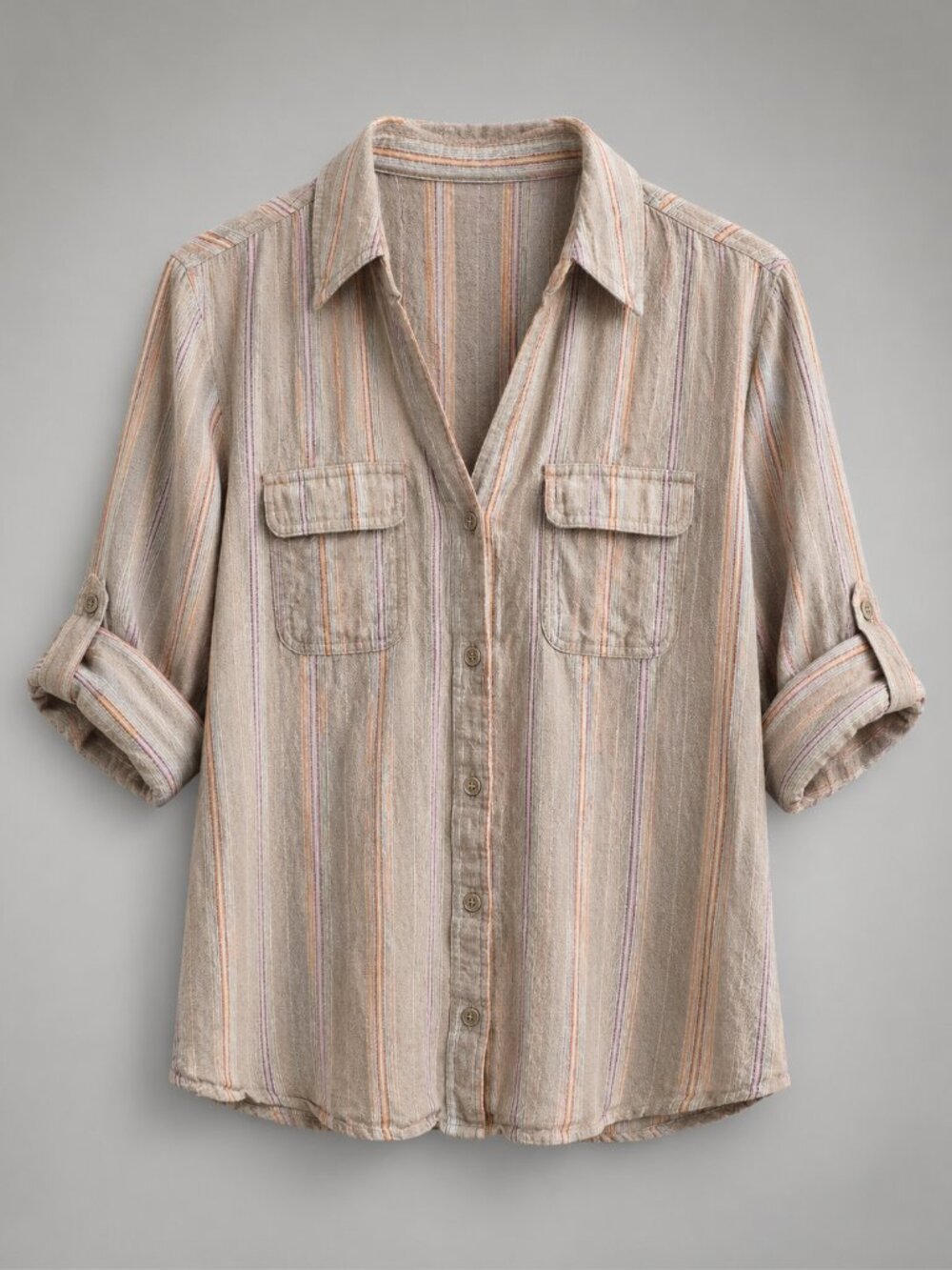 Jaclyn Smith Linen Blend Striped Beige Shirt Size M  PTP18